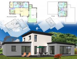 Construction maison contemporaine Finistère : exemple 8 de plan toit plat avec étage - Contructeur Finistère Kermor Habitat